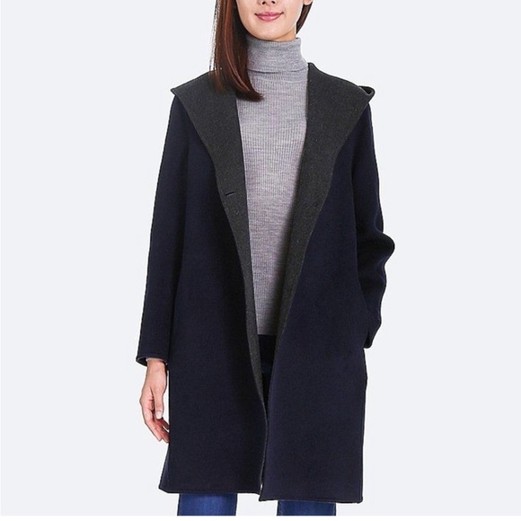 Uniqlo szXS brush wool double faced hooded coat in navy/ gray - Picture 14 of 14